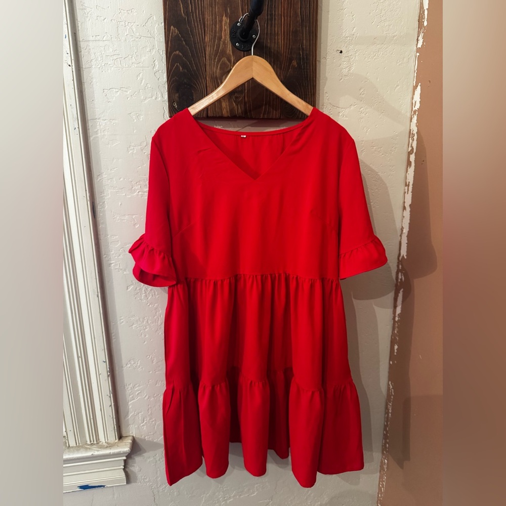 Bright Red Tiered Ruffle Sleeve Dress XL